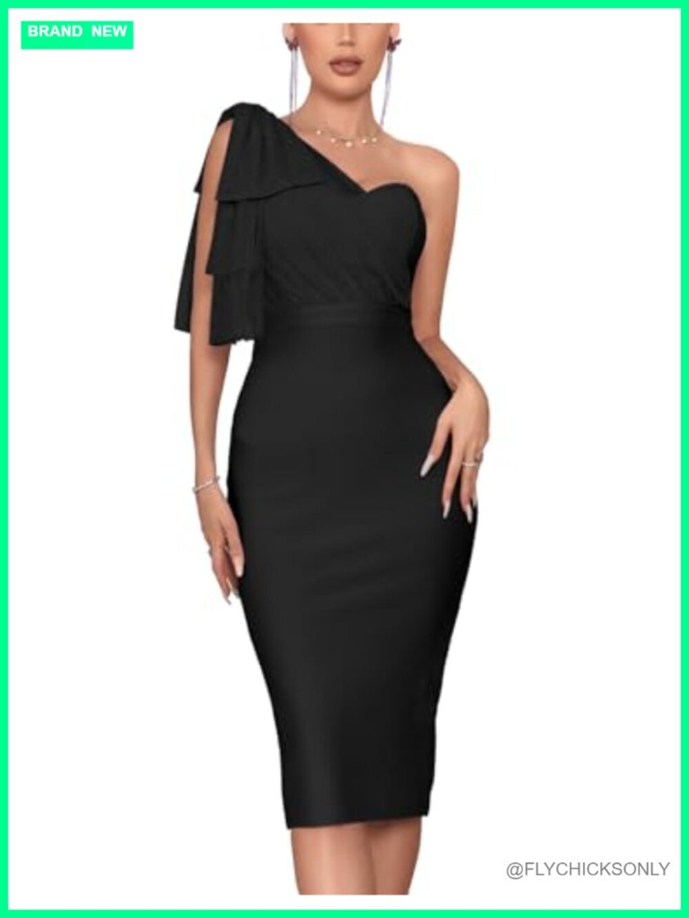 One Shoulder Bodycon Midi Dress Mesh Bow Cocktail Party Wedding Guest
